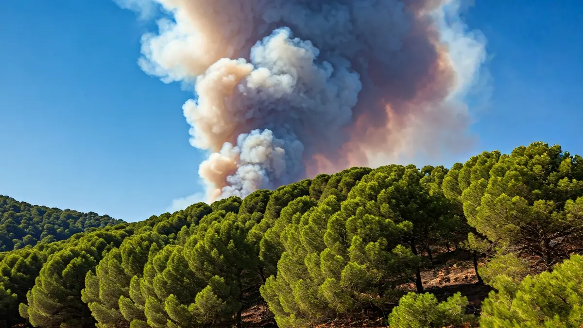 Generic image of a smoke column over a Mediterranean forest.