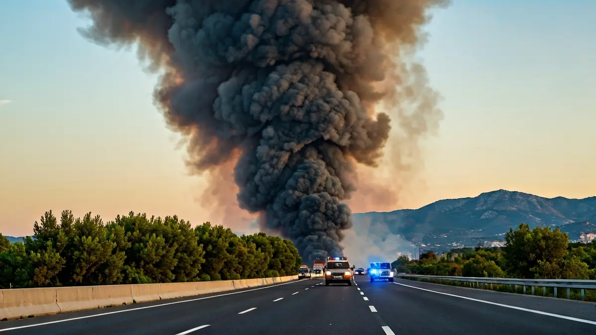 Generic image of a smoke column on a highway, with blurred emergency lights.