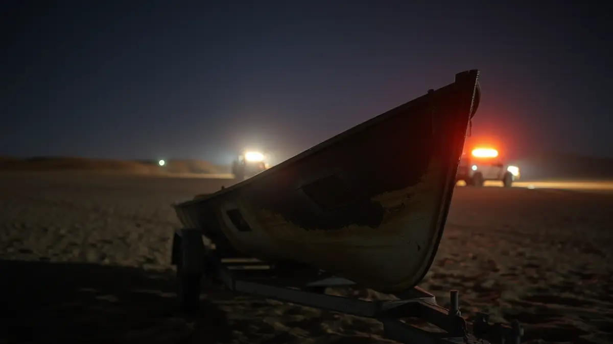 Imagen de una lancha calcinada sobre un remolque en un descampado