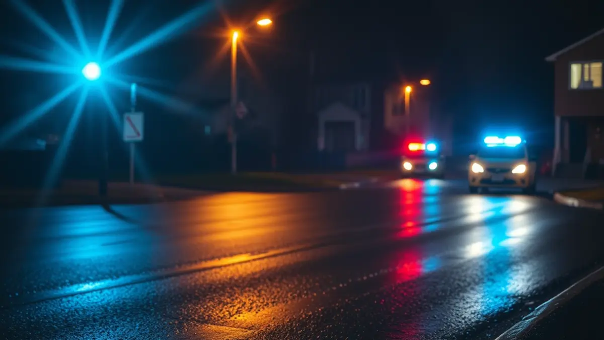 Imagen genérica de luces de emergencia en la noche, reflejadas en el asfalto mojado.
