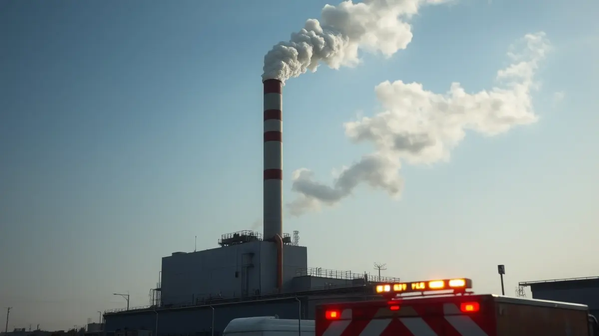 Imagen de humo saliendo de una nave industrial con luces de emergencia borrosas.