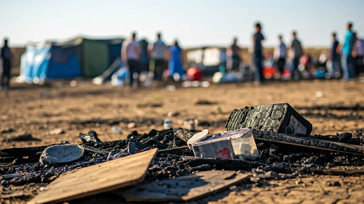 Restos calcinados de un asentamiento chabolista tras un incendio, con pertenencias destruidas en el suelo.
