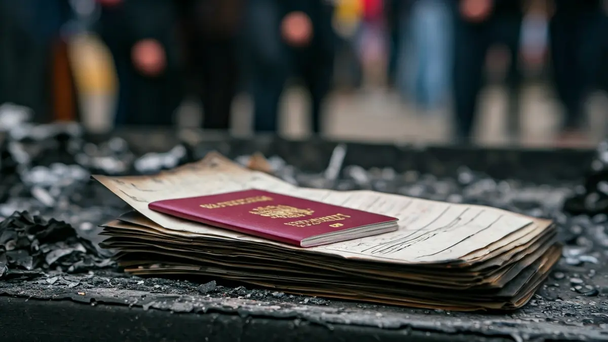 Documentos calcinados y un pasaporte quemado tras un incendio.