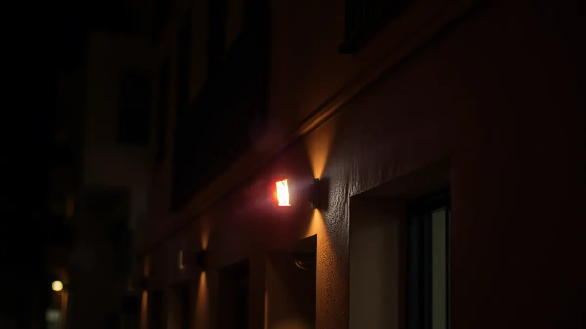 Generic image of emergency lights on a building facade at night, with diffuse smoke.