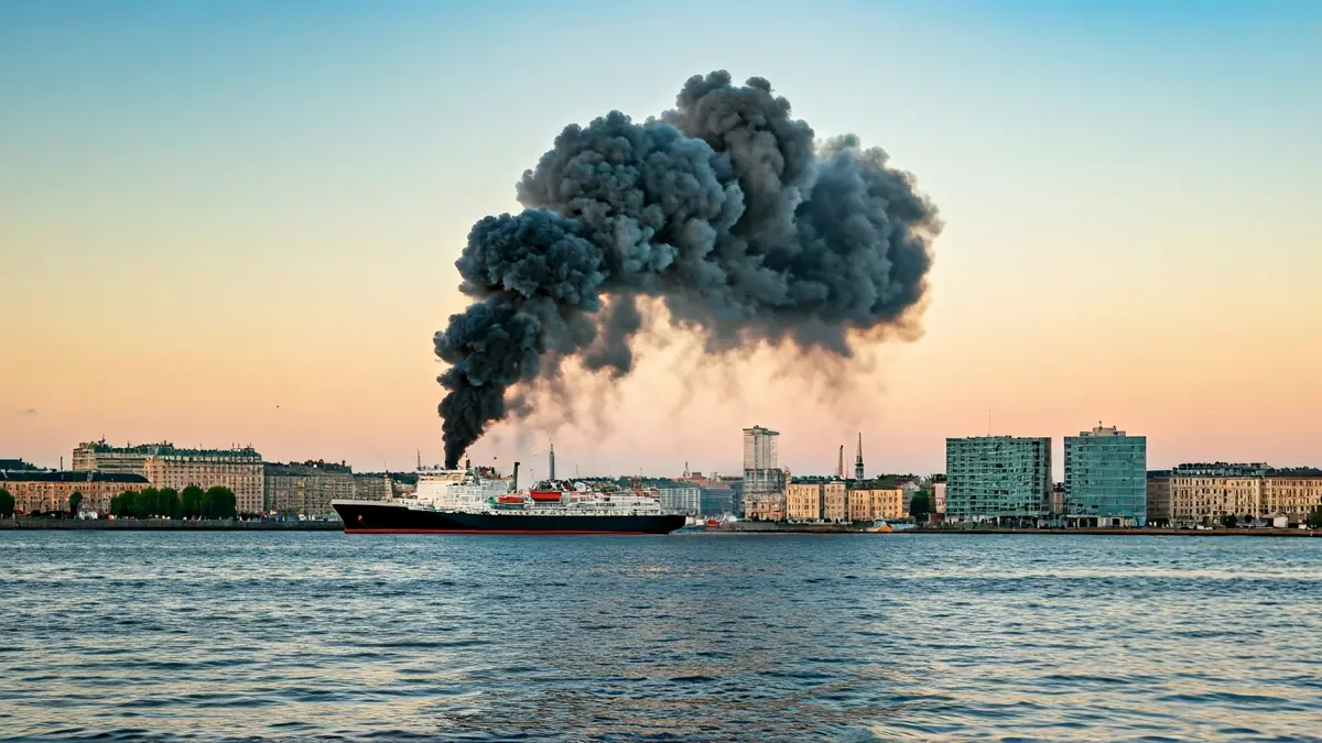 Black smoke column rising from a ship in the Port of Almería.