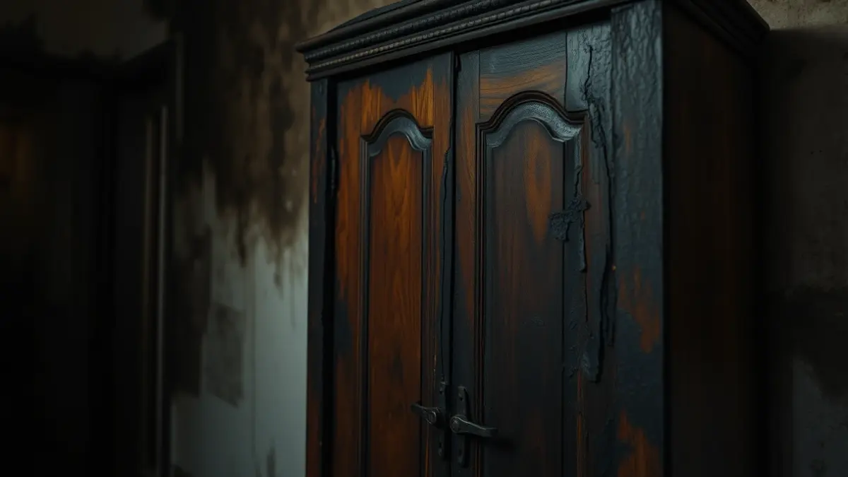 Burnt wardrobe after a house fire