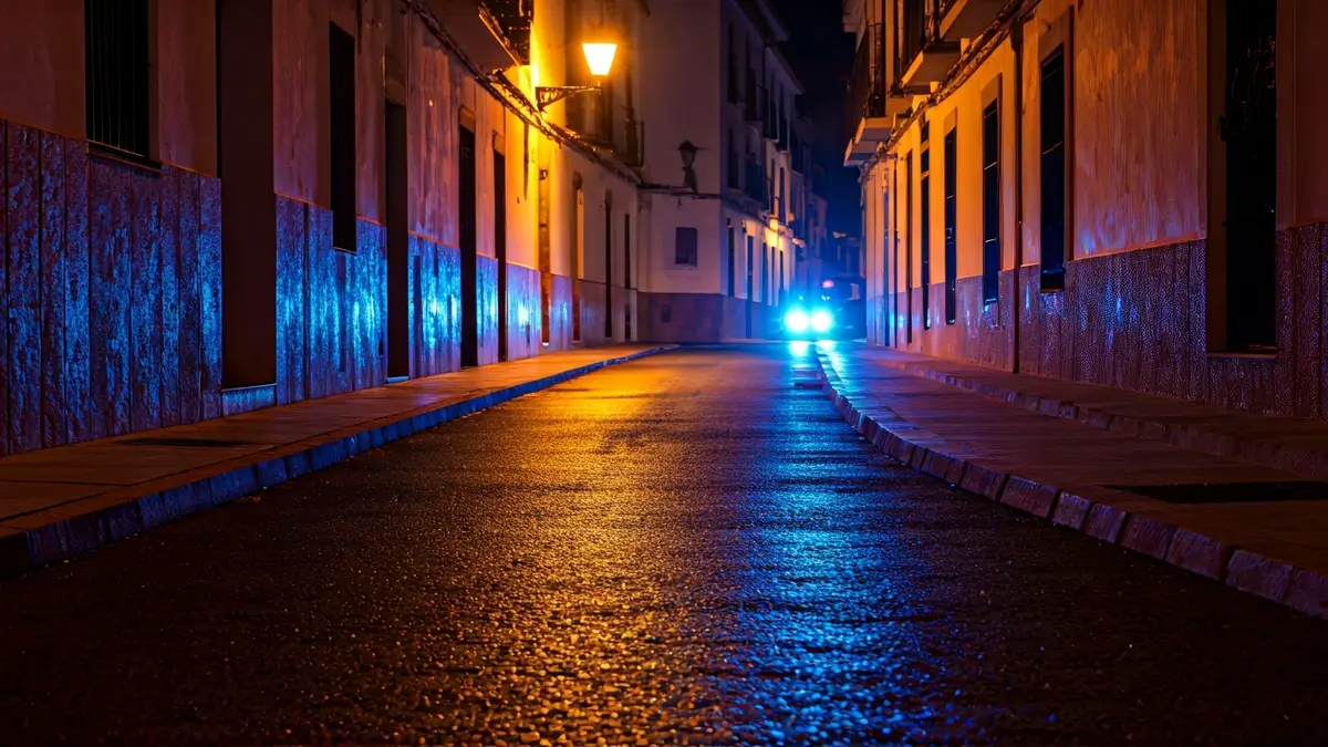 Imagen genérica de luces de emergencia reflejadas en el asfalto mojado de noche.
