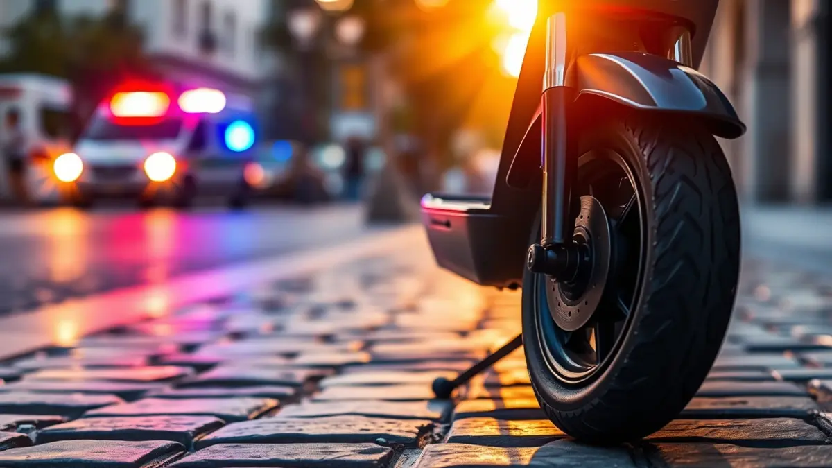 Imagen genérica de un patinete eléctrico en una acera, con luces de emergencia borrosas al fondo.