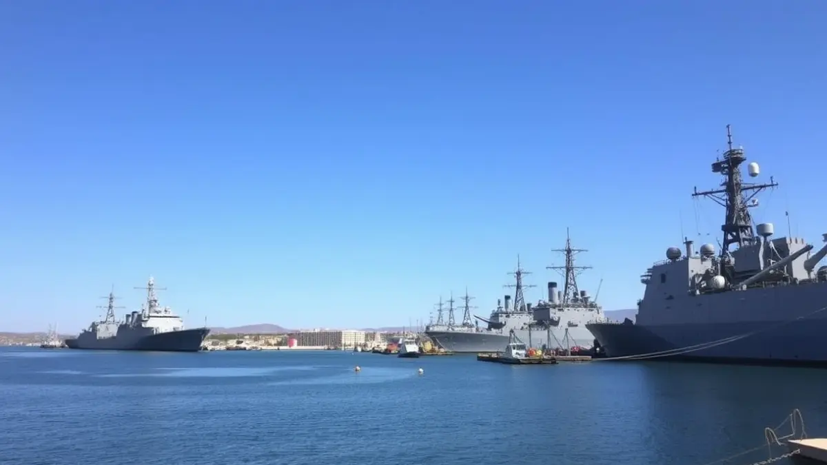 Vista panorámica de la base naval de Rota con buques de guerra.