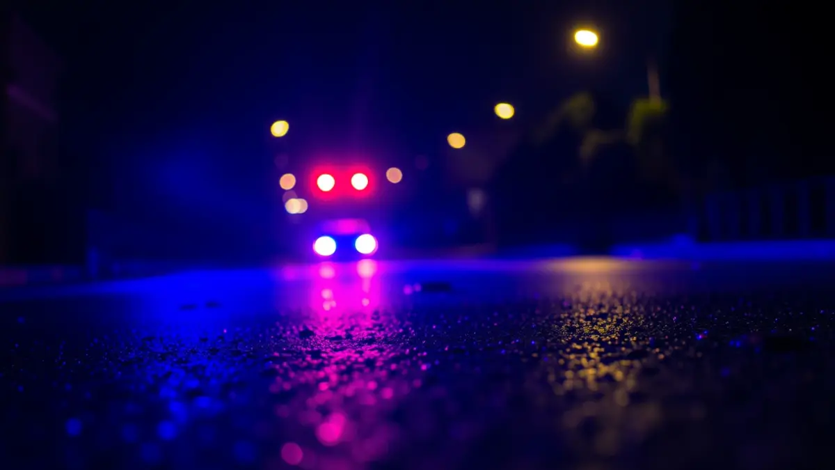 Generic image of emergency lights reflecting on wet asphalt.
