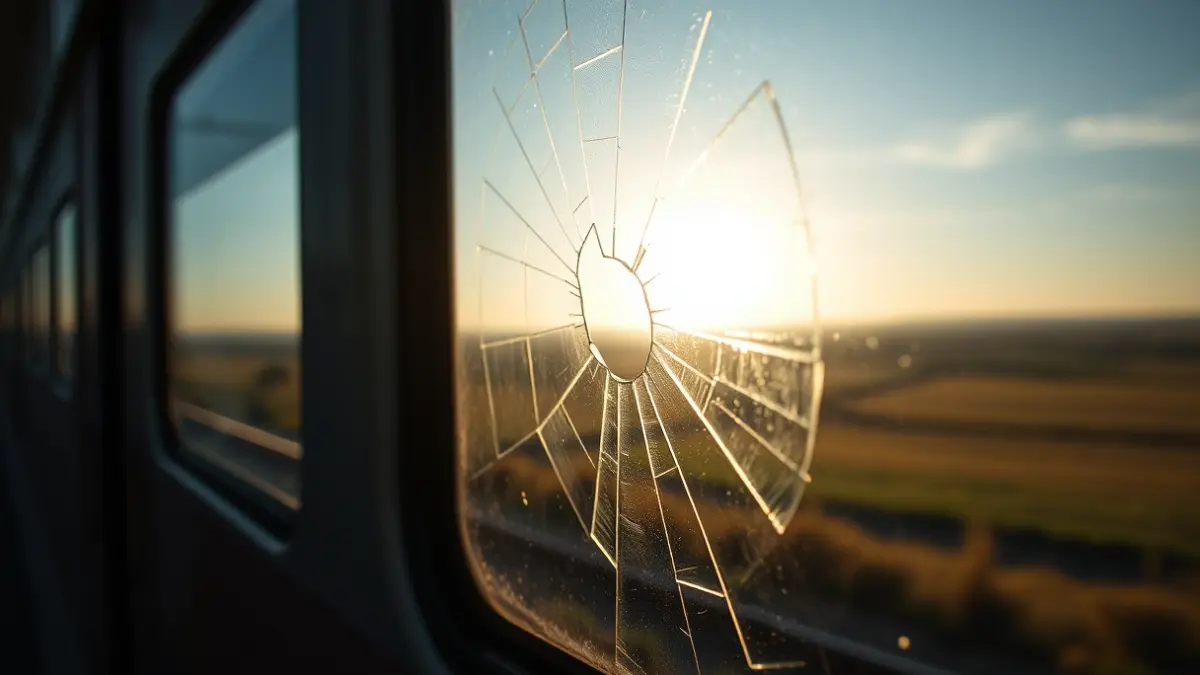 Ventana de un tren con cristales astillados tras un impacto.