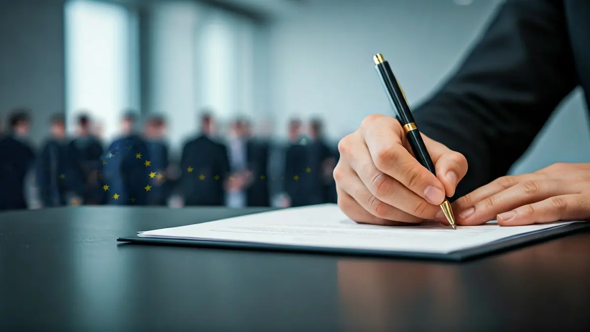 Generic image of a hand signing a document, symbolizing agreements and funding.