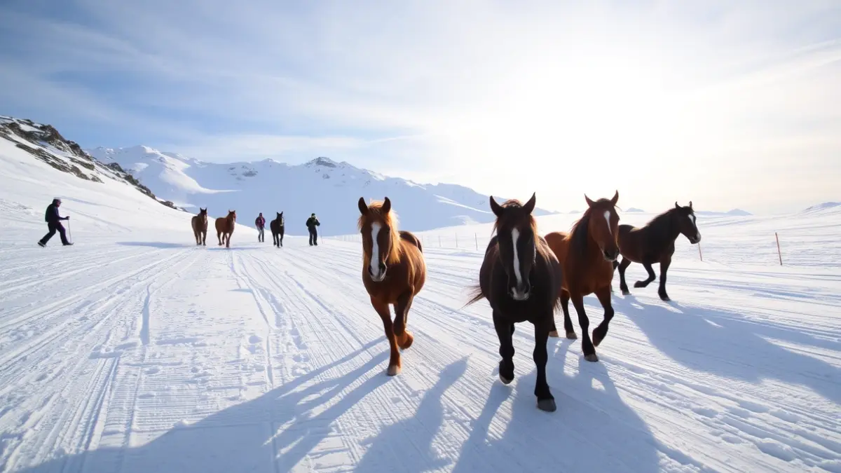 Image of wild horses on a ski slope in Sierra Nevada.
