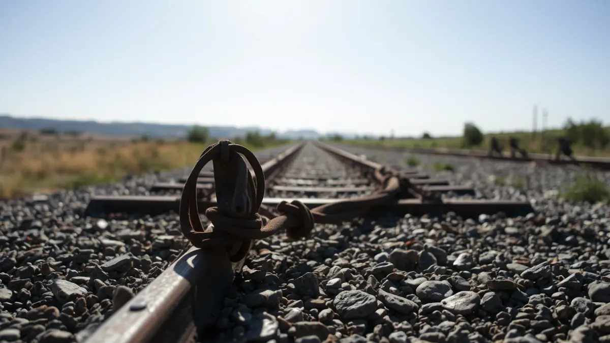Imagen de un carril de tren roto, con metal retorcido y grava esparcida.