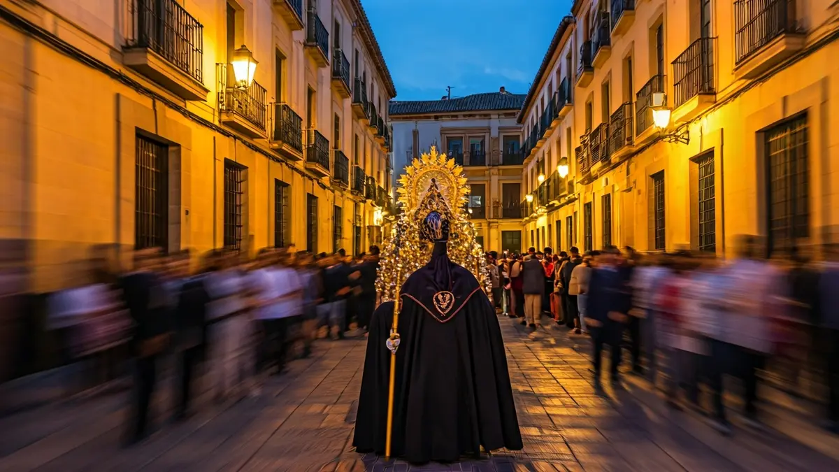 Image of a crowded street during a procession in an Andalusian city.