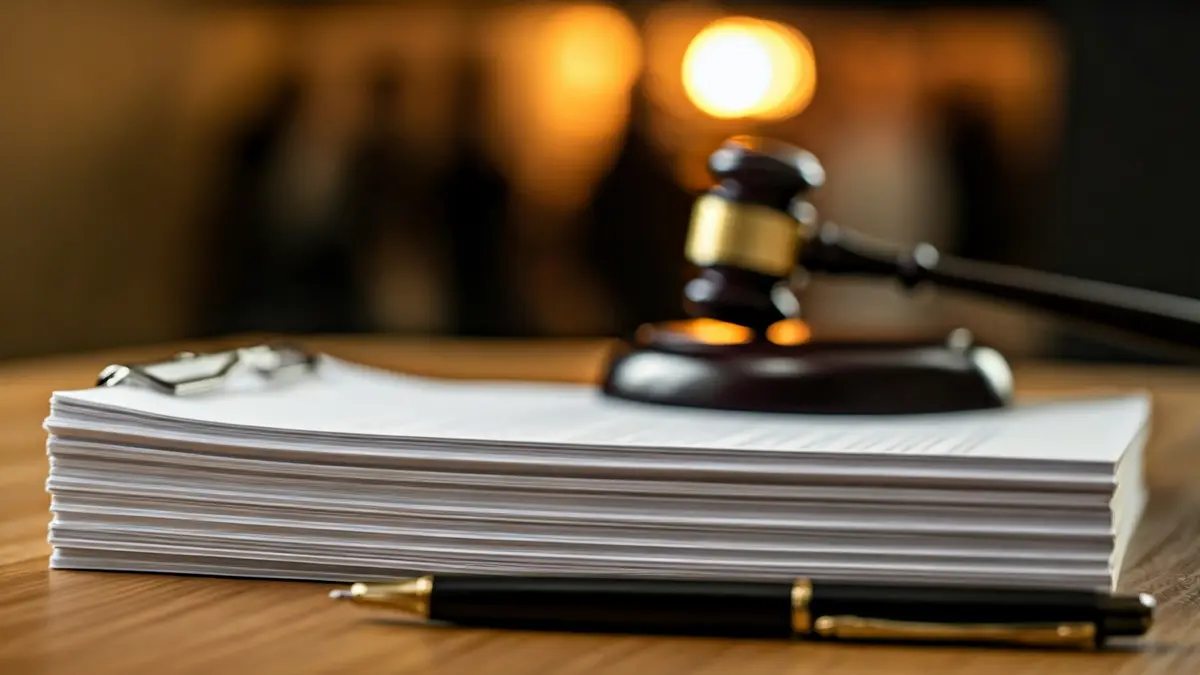 Official documents and a gavel on a desk, symbolizing an administrative or legal process.