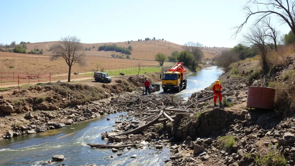 Trabajos de emergencia en un cauce fluvial afectado por borrascas en Andalucía.