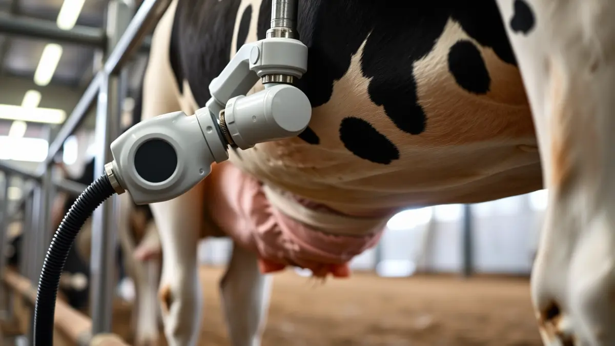 Image of a milking robot in operation on a dairy farm.