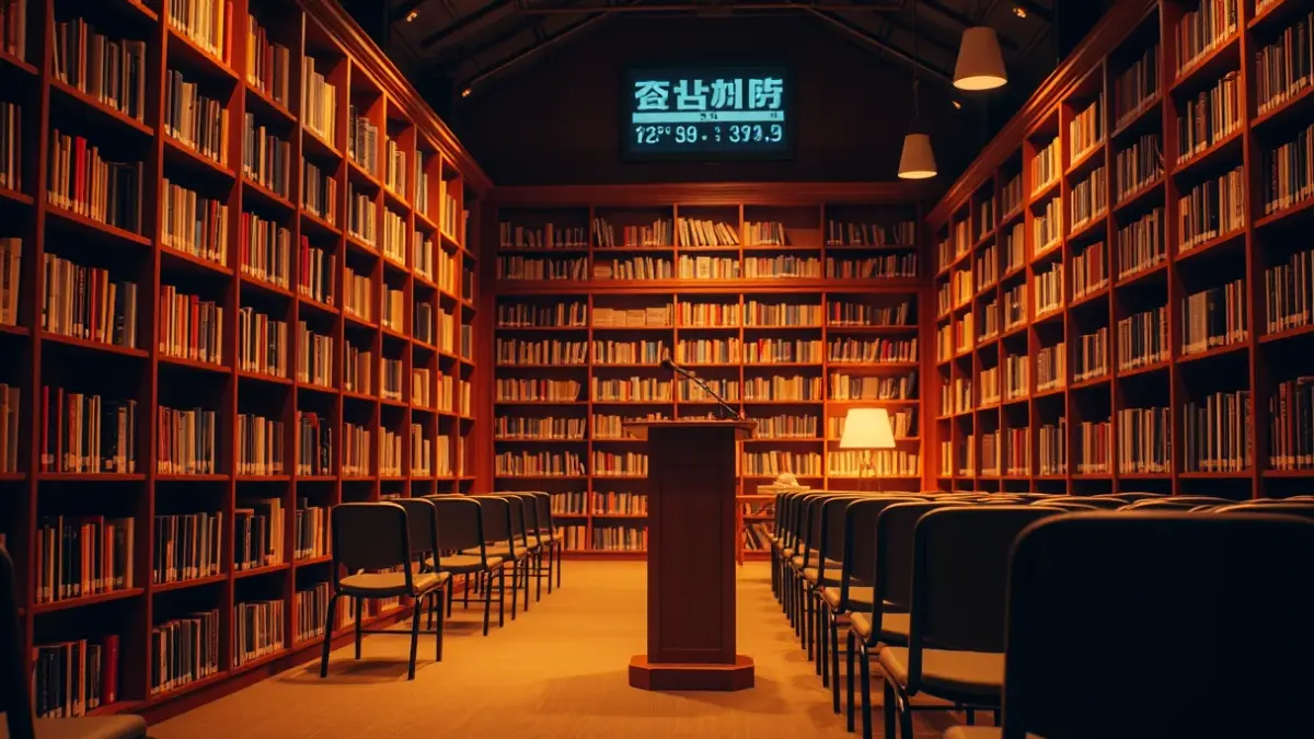 Imagen genérica de un interior de biblioteca con estanterías de madera y un podio con micrófono, iluminado con luz cálida.