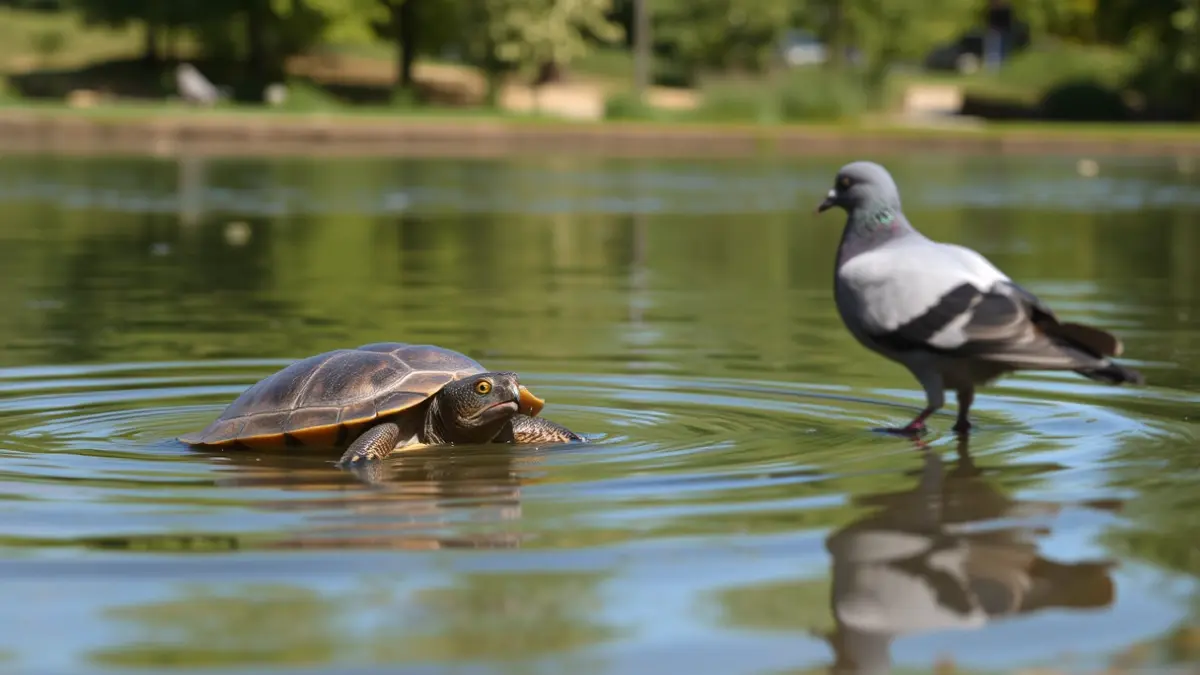 Turtle in a park pond attempting to catch a pigeon.