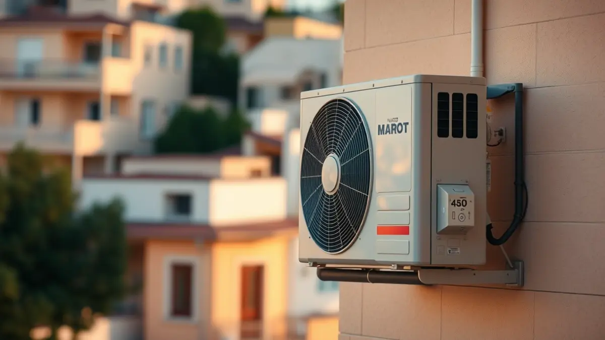 Imagen genérica de una unidad exterior de aire acondicionado instalada en la fachada de un edificio.