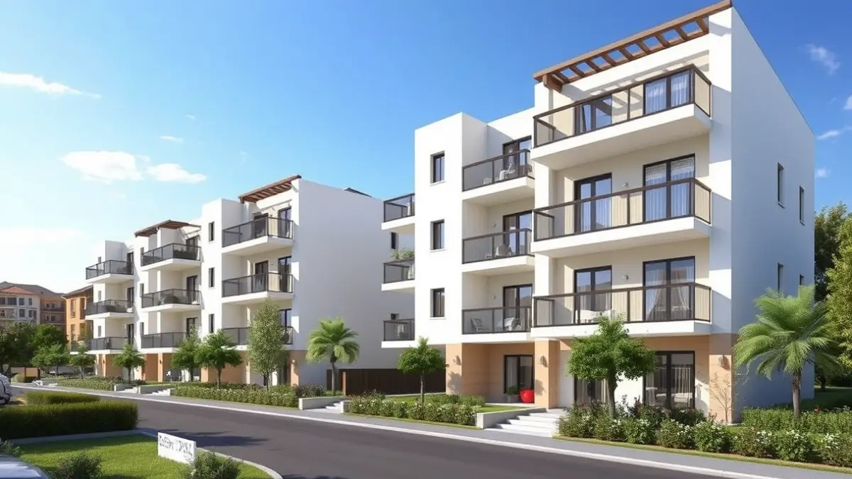 Imagen genérica de un edificio residencial moderno con zonas verdes.