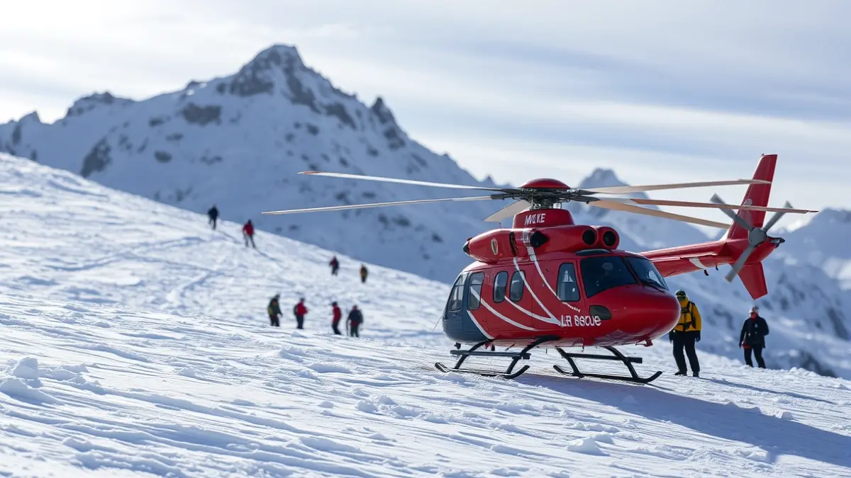 Rescue helicopter on a snowy mountain slope, with blurred figures of rescuers and mountaineers.