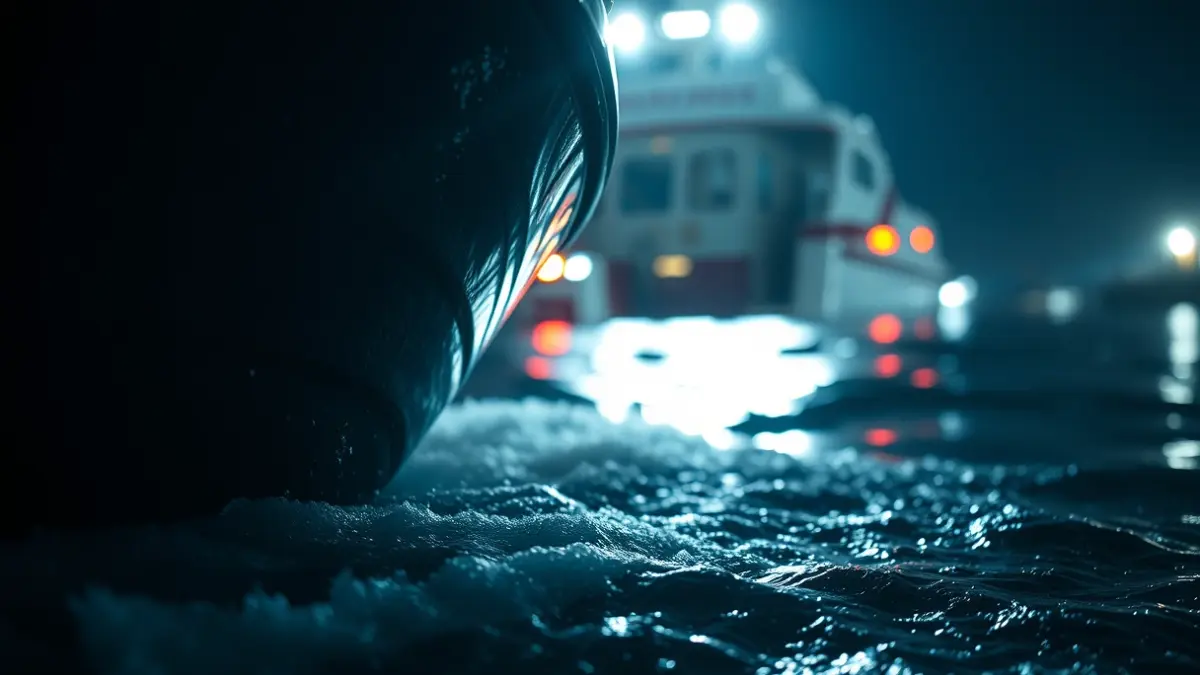 Generic image of a high-speed boat in water with emergency lights in the background.