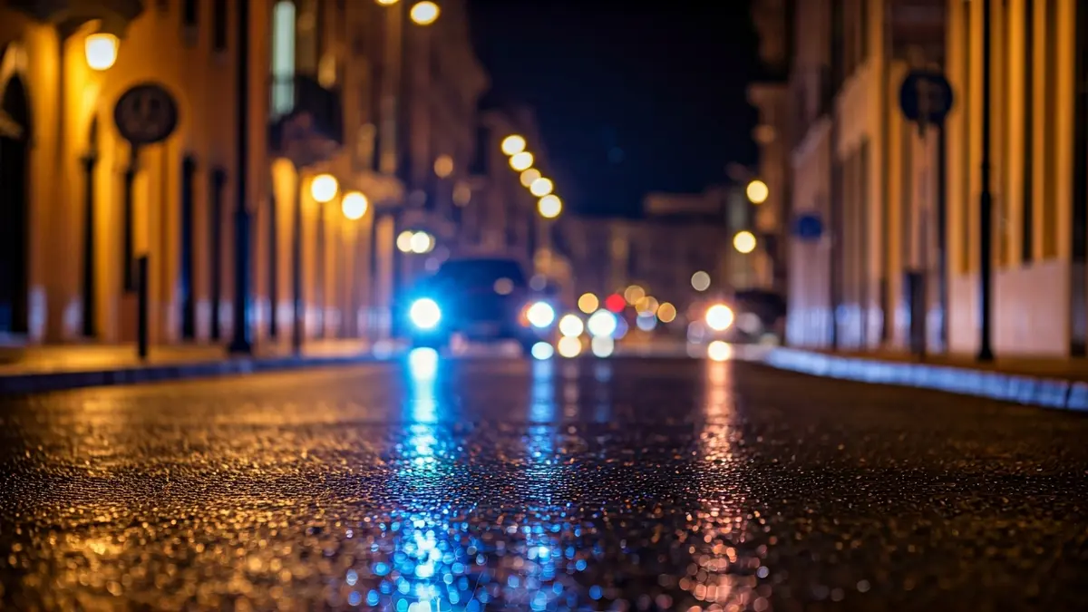 Imagen genérica de luces de emergencia de la Guardia Civil reflejadas en el asfalto mojado por la noche.
