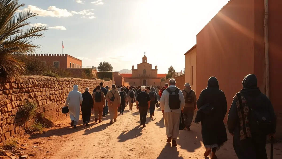 Image of pilgrims on their way to El Rocío, with an atmosphere of tradition and faith.