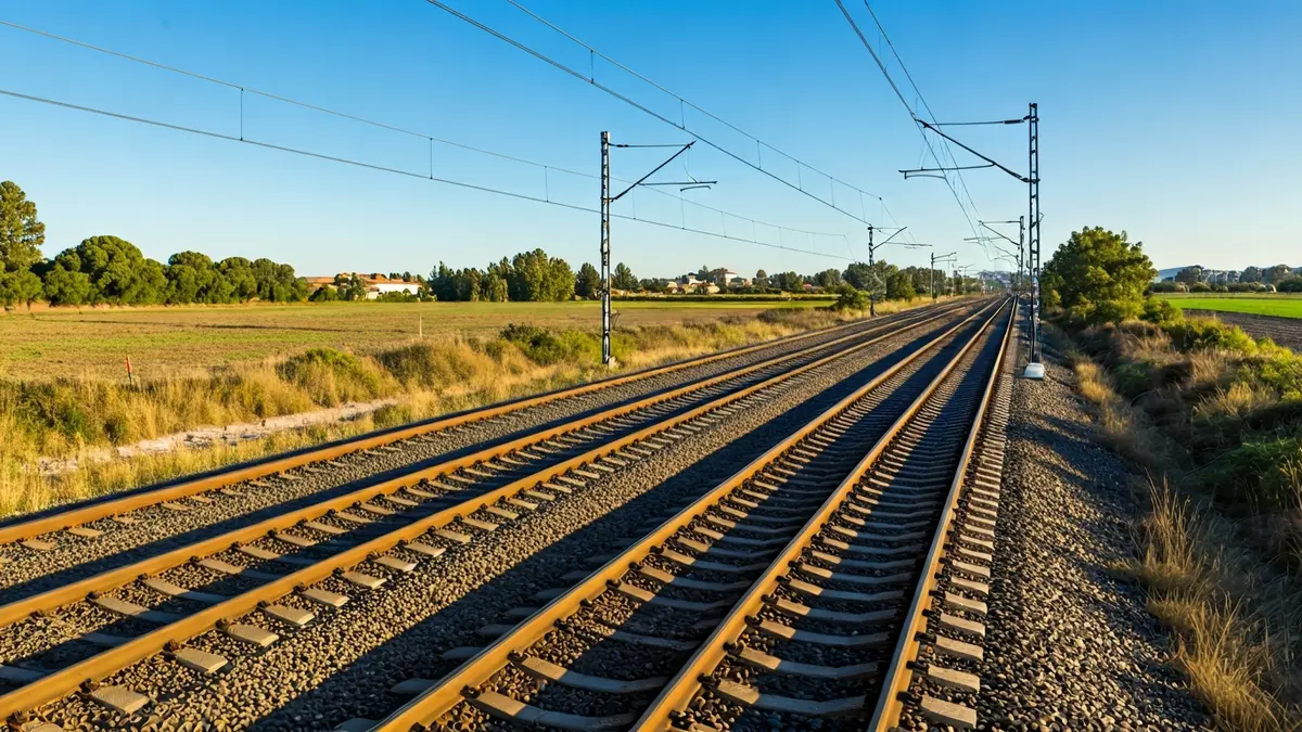 Imagen genérica de vías de tren con catenaria en un paisaje andaluz.
