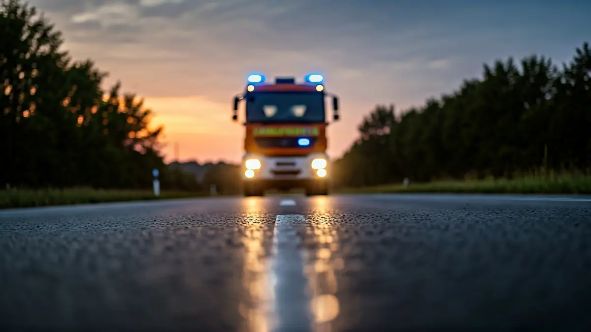 Imagen genérica de luces de emergencia en una carretera mojada al amanecer.