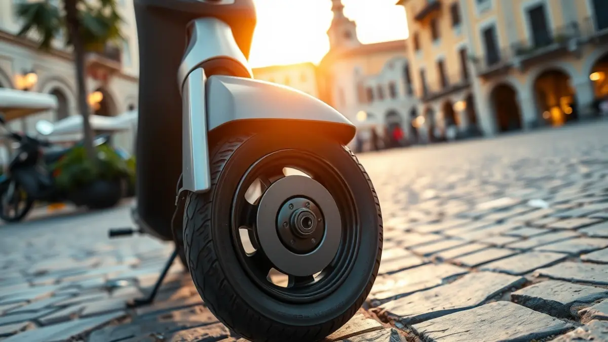 Generic image of an electric scooter wheel parked on a sidewalk.