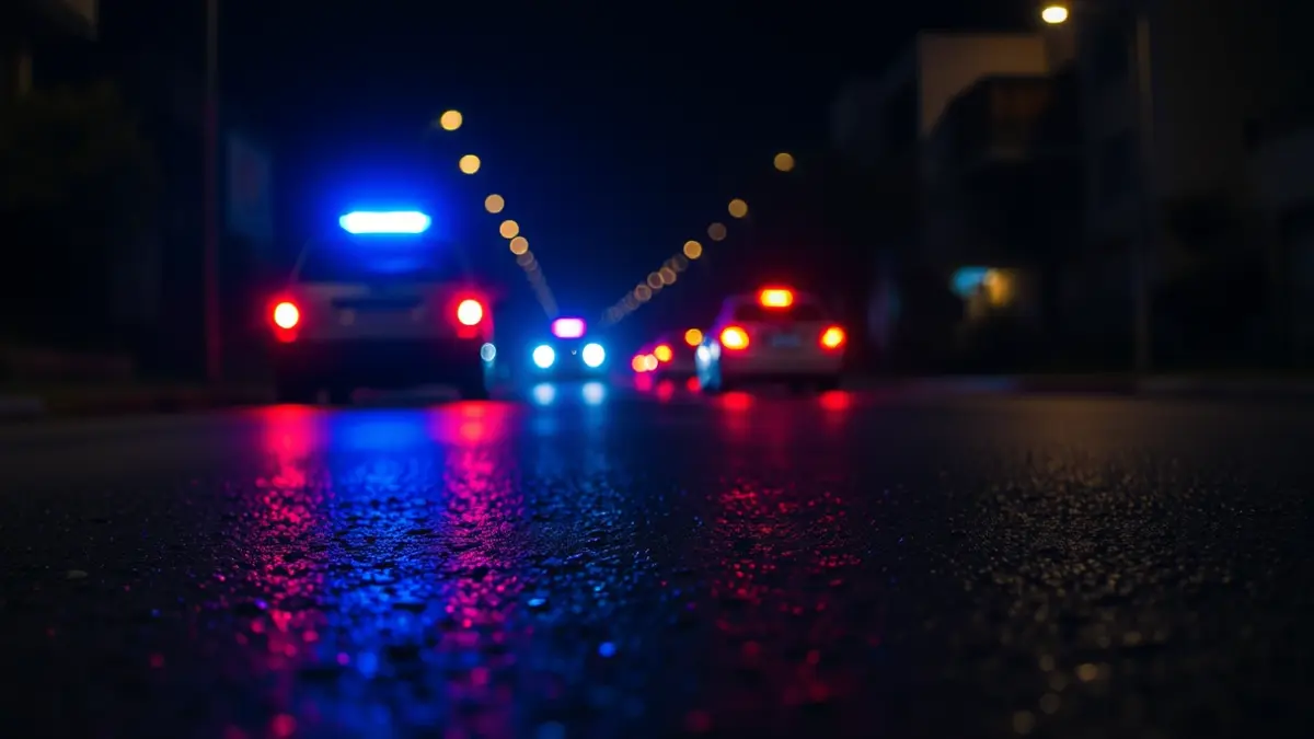Generic image of police emergency lights reflecting on wet asphalt.