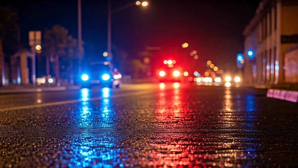 Imagen genérica de luces de emergencia policiales reflejadas en el asfalto mojado por la noche.