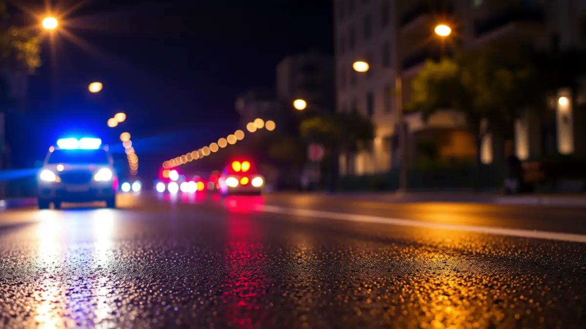 Imagen genérica de luces de emergencia policiales reflejadas en el asfalto mojado.