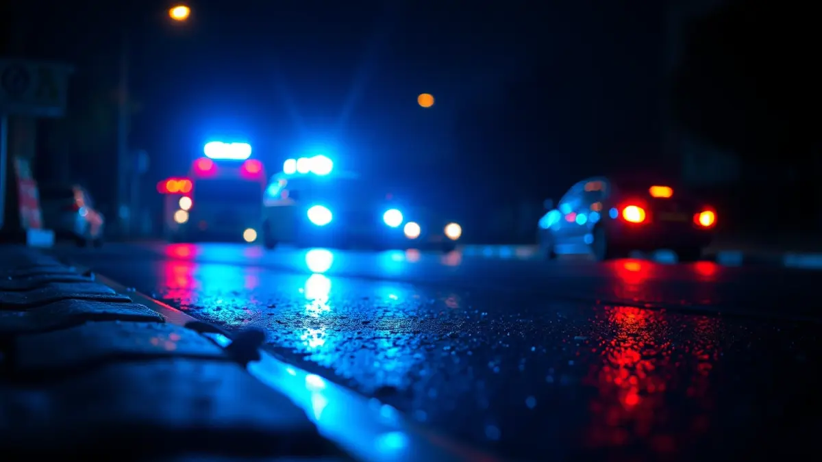 Generic image of police emergency lights reflecting on wet asphalt.