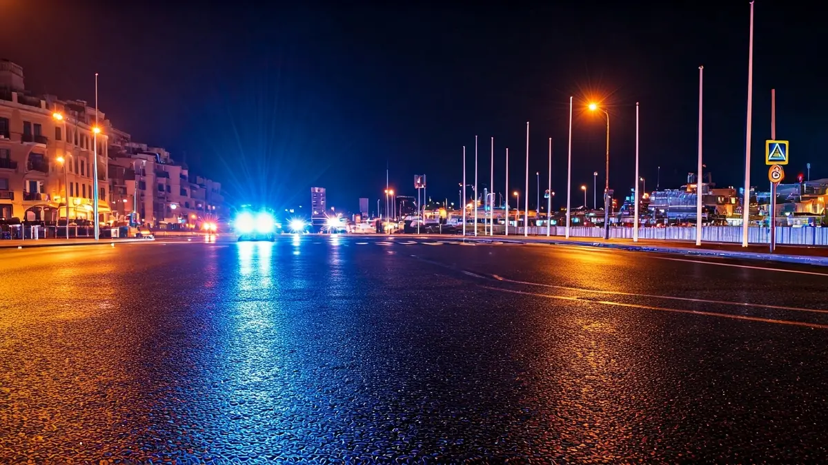 Generic image of emergency lights reflecting on wet asphalt at night.