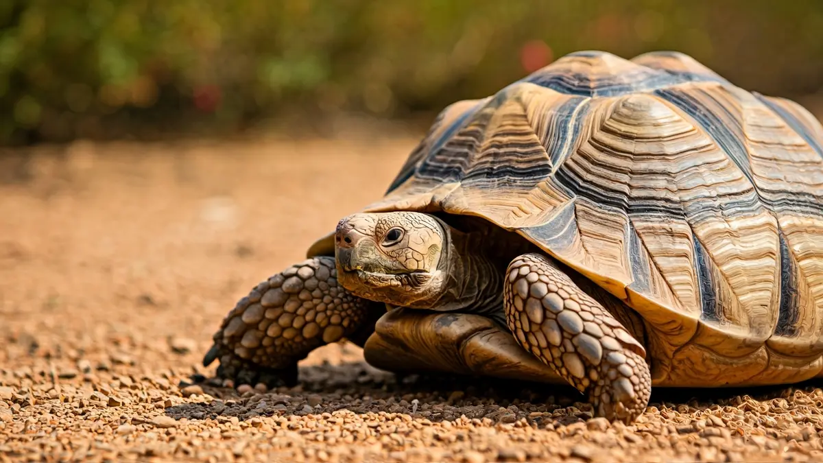 Image of an African spurred tortoise, showing its shell and legs.