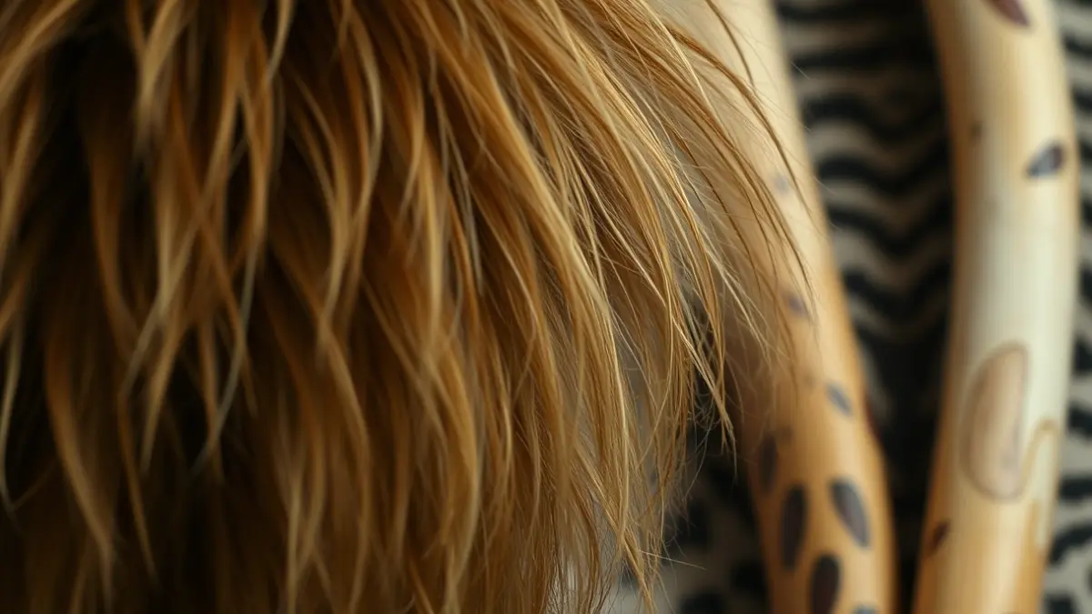 Image of a lion's mane texture, with blurred ivory tusks and animal skins in the background.