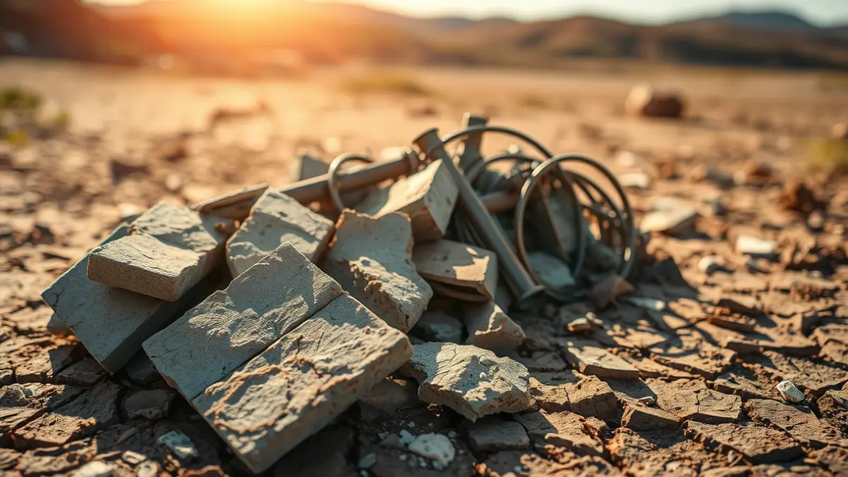 Escombros de construcción apilados ilegalmente en un terreno árido bajo el sol.
