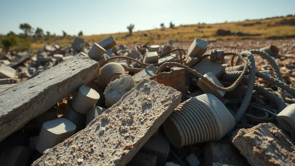 Construction debris with asbestos on a rural plot.