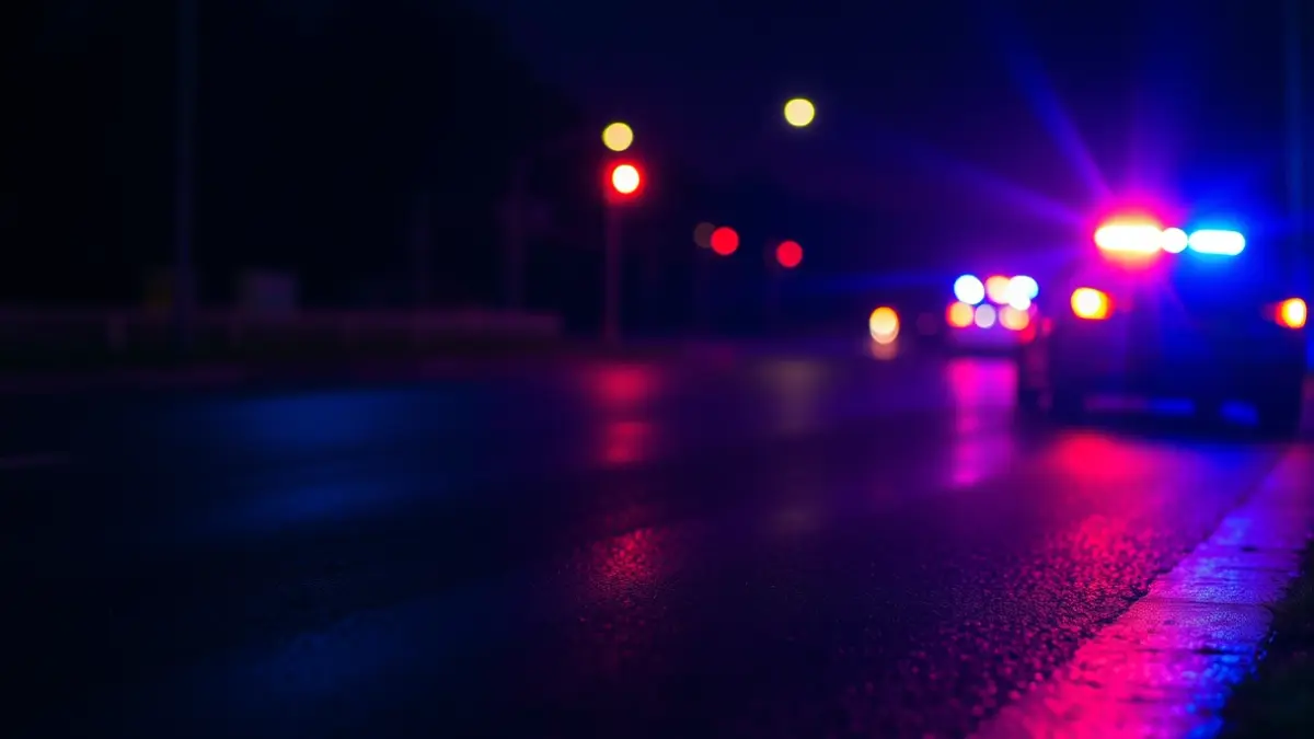 Generic image of emergency lights reflected on wet asphalt.