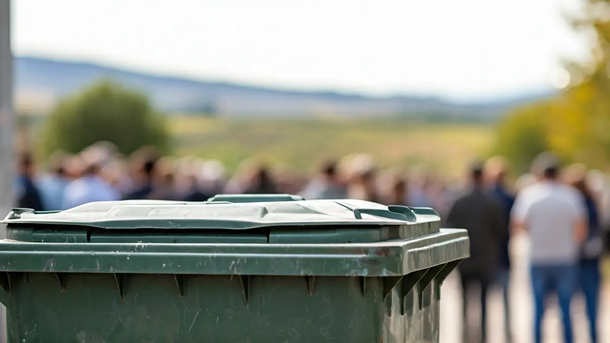 Imagen de un contenedor de basura con la tapa entreabierta en un entorno rural.