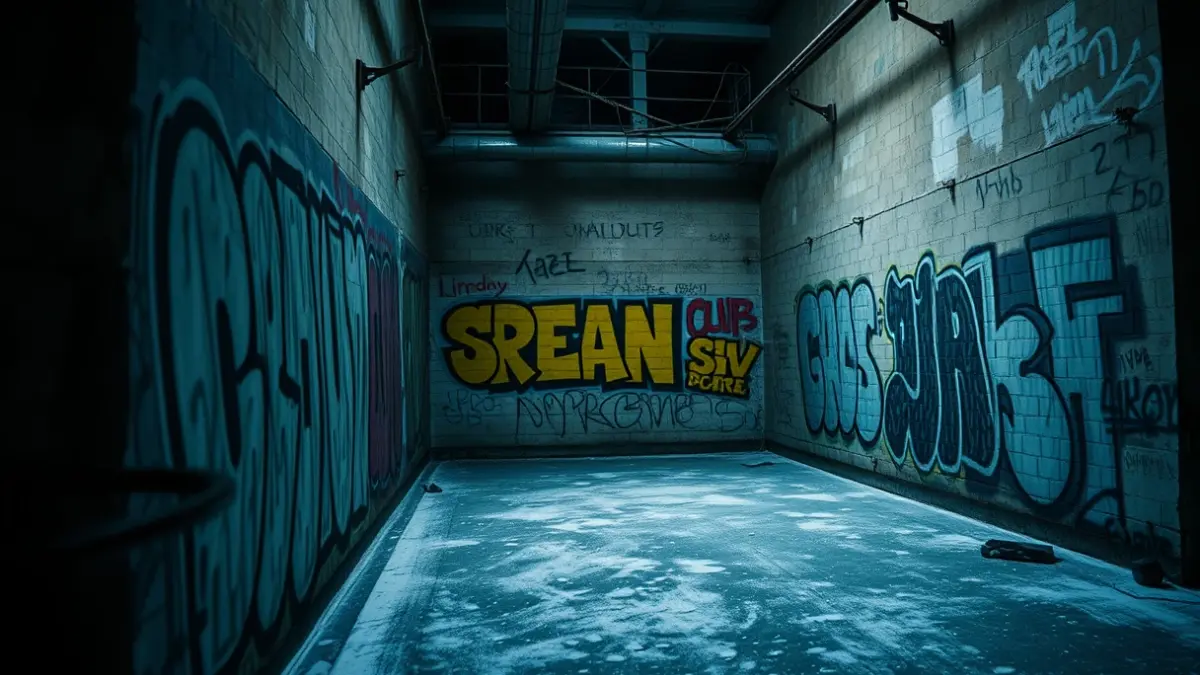 Imagen de una pared con grafitis y polvo blanco en el suelo, reflejando actos vandálicos.