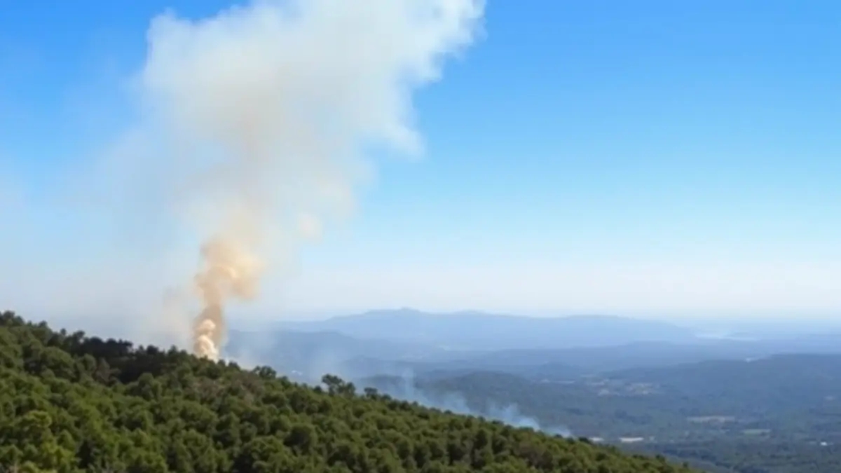 Imagen genérica de humo elevándose sobre un bosque, indicando un incendio forestal.
