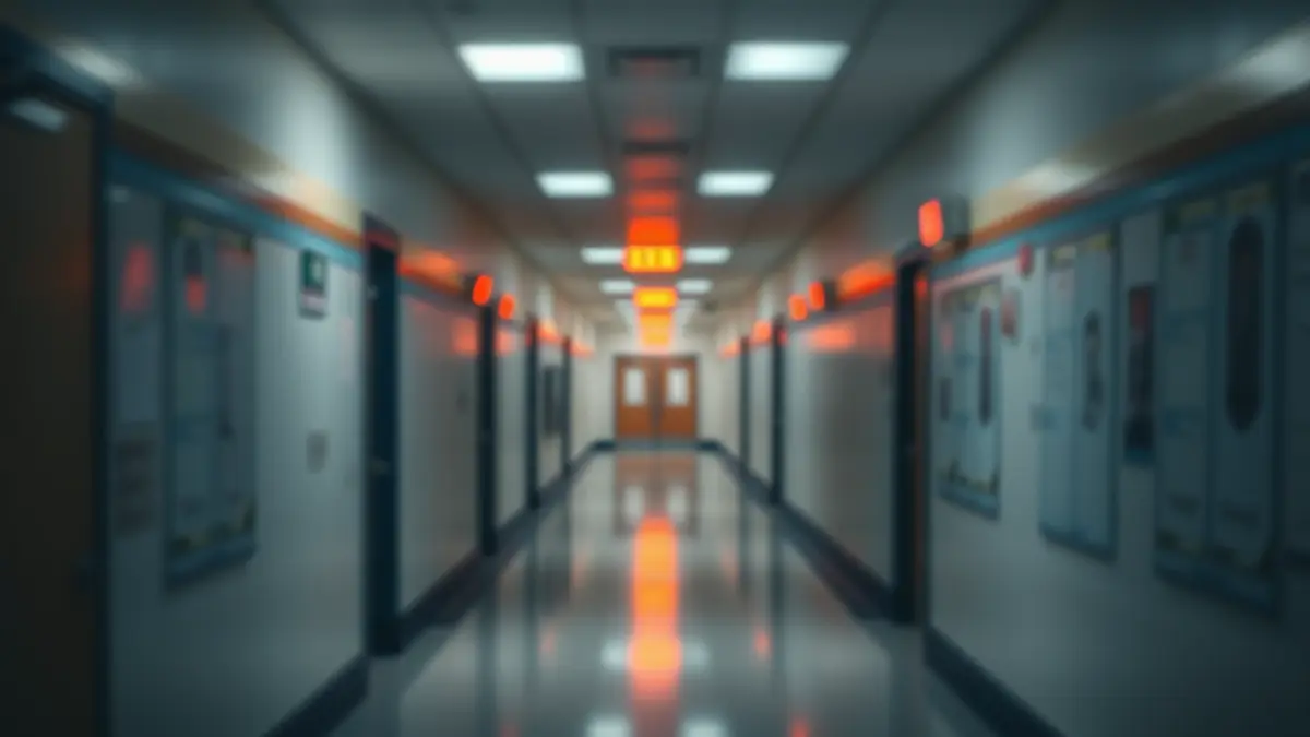 Imagen genérica de un pasillo escolar con luces de emergencia, simbolizando un incidente grave.