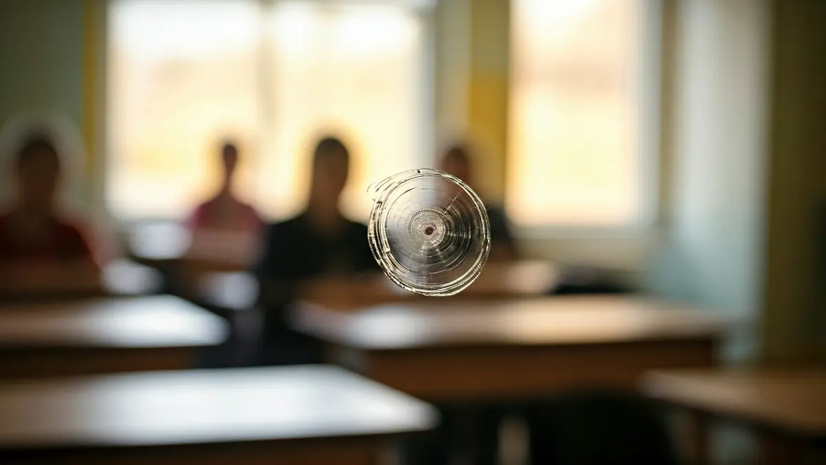 Ventana de un colegio con un impacto de perdigón, con el interior del aula desenfocado.
