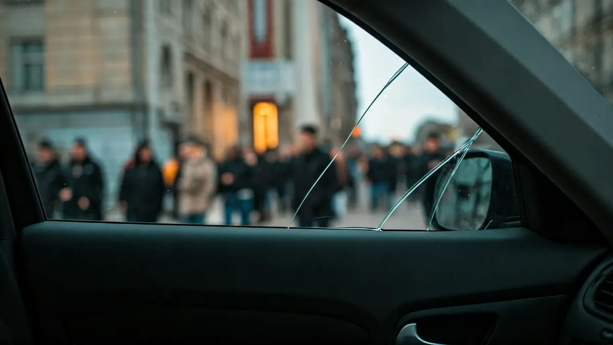 Ventana de coche rota, con el interior borroso, en un ambiente sombrío.