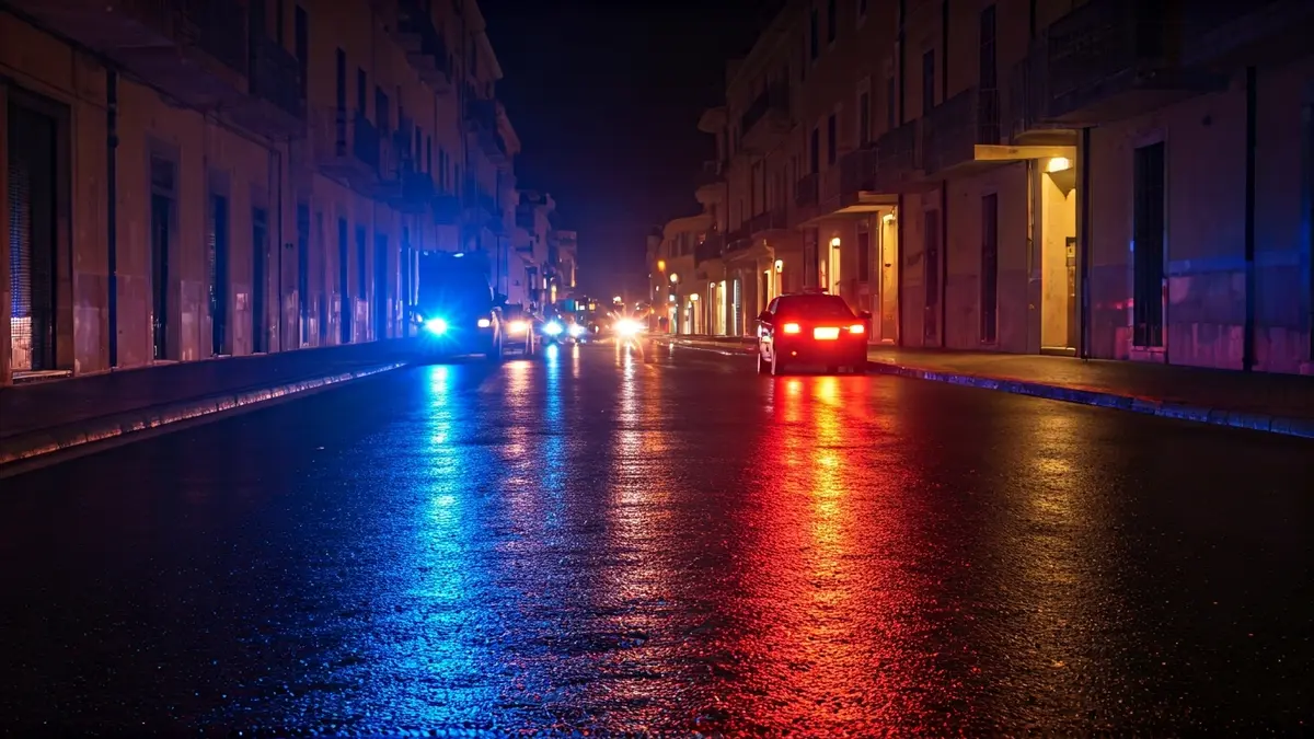 Imagen genérica de luces de emergencia policiales reflejadas en el asfalto mojado por la noche.